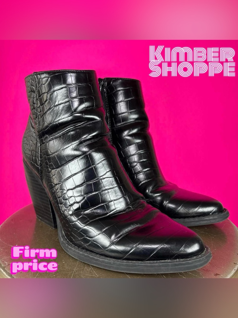 Madden Girl Klicck Croc Embossed Black Faux Leather Heeled Ankle Boot US 8 UK 6